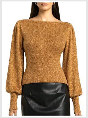 Ann Taylor Metallic Puff Sleeve Sweater Brown Gold Boatneck S